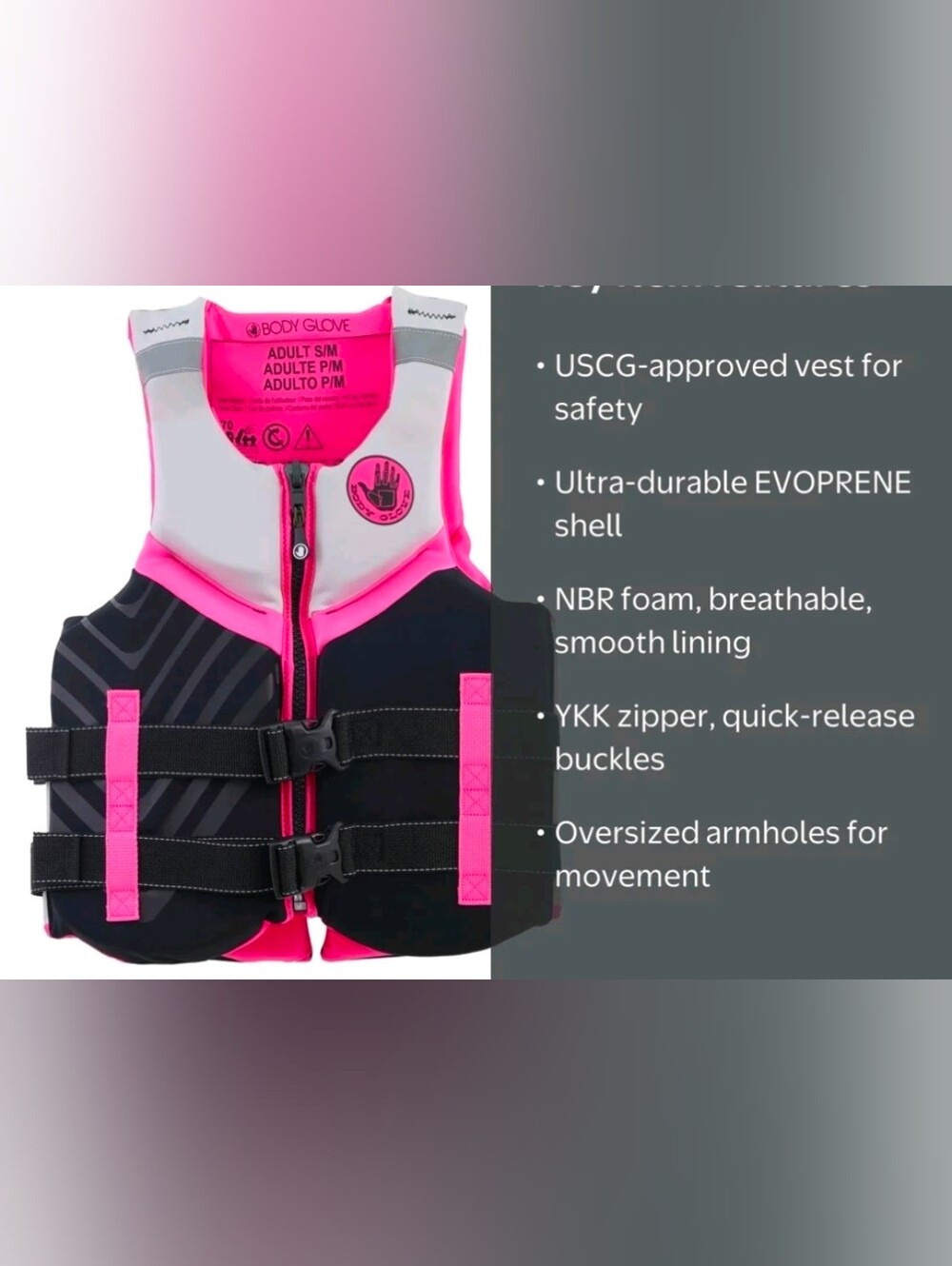 Body Glove ADULT Pink and Black Life Jacket - Zipper Front Safety Vest